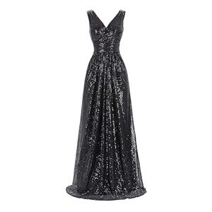 Kate Kasin Elegant Black Sequin Evening Gown